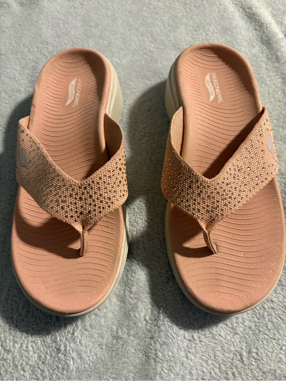 Skechers Women's Blush Pink Rhinestone Wedge Thong Sandals